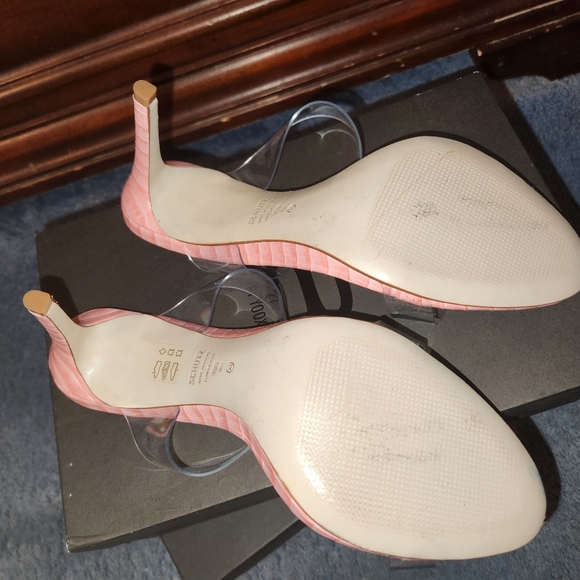 SCHUTZ PINK REPTILE LEATHER & LUCITE DOUBLE STRAP SLIDE SANDALS 10 NEW - Picture 8 of 12